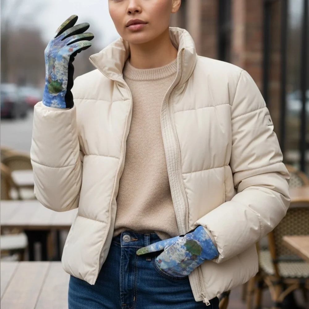 Micro Suede Gloves Monet Woman with a Parasol Inspired Touchscreen Index Finger